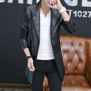 Faux Leather Notch-lapel Single-breasted Coat