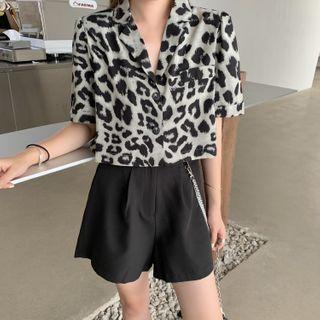 Short-sleeve Leopard Print Shirt / High-waist Plain Short