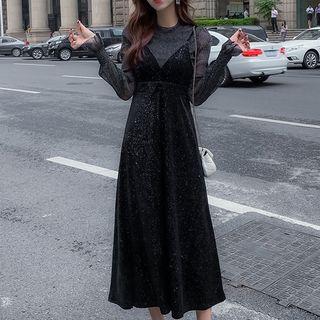 Set: Mock-neck Mesh Long-sleeve Top + V-neck Midi Spaghetti Strap Dress