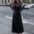 Set: Mock-neck Mesh Long-sleeve Top + V-neck Midi Spaghetti Strap Dress