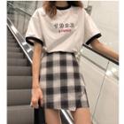 Printed Short-sleeve T-shirt / Plaid Mini Skirt