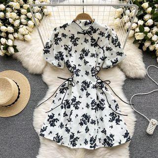 Puff-sleeve Floral Print Lace-up A-line Dress White - One Size