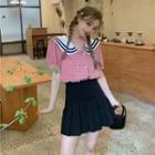 Puff-sleeve Sailor Collar Plaid Top / Pleated Mini A-line Skirt