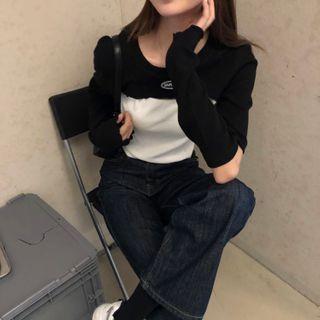Set: Long-sleeve Cropped Top + Camisole Top Black - One Size