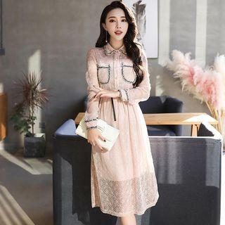Set: Contrast Trim See-through Lace Dress + Plain Slipdress