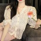 Puff-sleeve V-neck Lace Blouse White - One Size