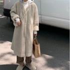 Faux Fleece Panel Hooded Woolen Trench Jacket As Shown In Figure - One Size