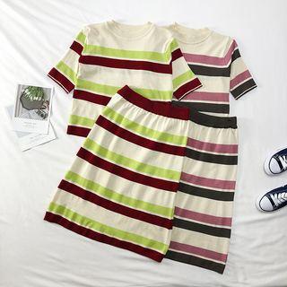 Set: Striped Summer-knit Top + A-line Skirt