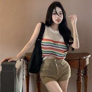 Rainbow-stripe Open-knit Light Tank Top Stripe - One Size