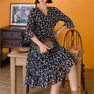 Gathered-waist Floral Chiffon Dress Navy Blue - One Size