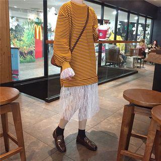 Lace Hem Striped Long Sleeve Midi Dress