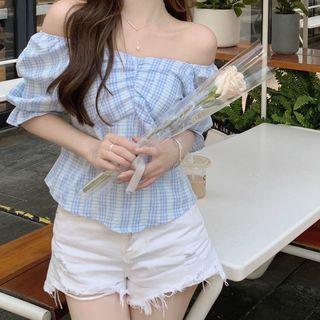 Short-sleeve Off-shoulder Plaid Blouse Blue - One Size