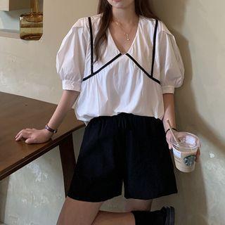 Puff-sleeve Contrast Detail Blouse
