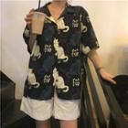 Elbow-sleeve Cat Print Shirt / Plain Shorts
