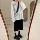 Long-sleeve Printed T-shirt / Plain Midi H-line Skirt