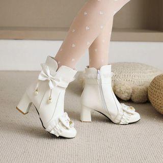 Ruffle Trim Bow Chunky Heel Short Boots