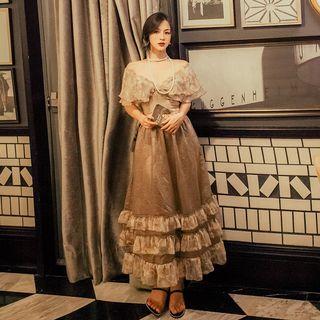 Short-sleeve Ruffle Evening Gown