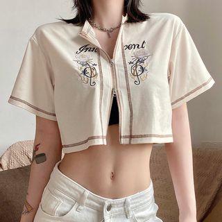 Short-sleeve Floral Zip-up Top