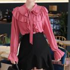 Tie-neck Frill-trim Sheer Blouse