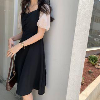 Two-tone Puff-sleeve Panel Midi A-line Dress
