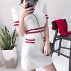 Striped Short-sleeve Mini Knitted Dress White - One Size
