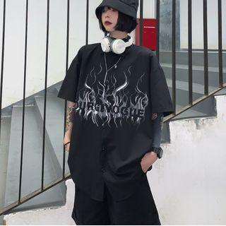Fire Print Lettering Short-sleeve Button-down Shirt