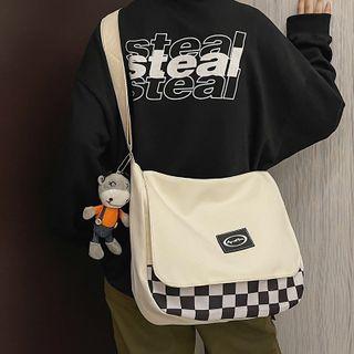 Checkered Panel Applique Messenger Bag / Bag Charm / Set