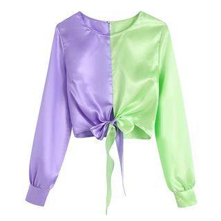 Long-sleeve Two-tone Tie-front Crop Top