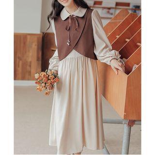 Set: Long-sleeve Collared Midi A-line Dress + Asymmetrical Vest