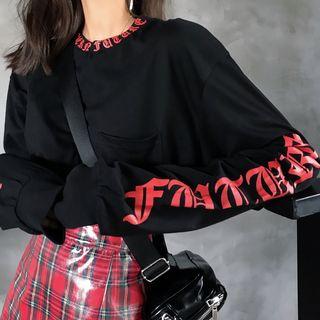 Lettering Long-sleeve Loose-fit Top As Figure - One Size
