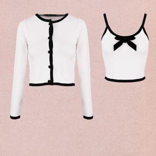 Set : Velvet Bow Color-block Camisole + Knit Cardigan
