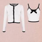 Set : Velvet Bow Color-block Camisole + Knit Cardigan