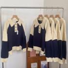 Polo-neck Two-tone Sweater Beige & Navy Blue - One Size