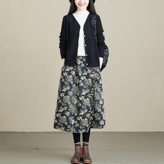 Floral Midi A-line Skirt Floral Print - Dark Blue - One Size