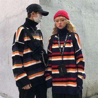 Couple Matching Turtleneck Lettering Stripe Sweater