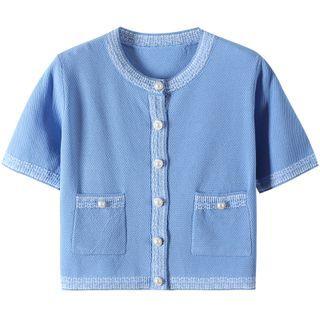 Short-sleeve Faux Pearl Knit Top Blue - One Size