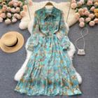 V-neck Bow Floral Long-sleeve Chiffon Dress