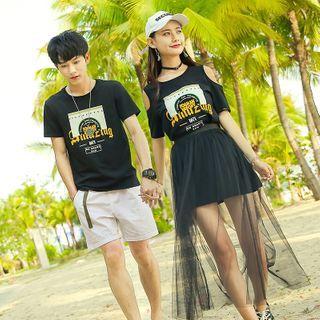 Couple Matching Printed Short-sleeve T-shirt / Mini T-shirt Dress With Mesh Skirt