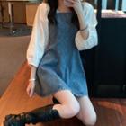 Puff-sleeve Mock Two-piece Denim Mini A-line Dress
