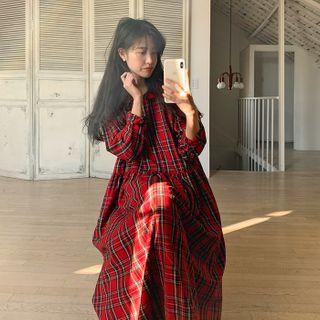 Collared Tartan-plaid Long Dress