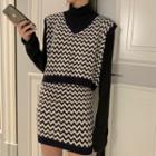 Mock-turtleneck Long-sleeve T-shirt / Chevron Stripe Knit Vest / A-line Skirt / Set