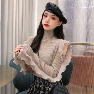 Long-sleeve Cold Shoulder Ruffled Turtleneck Knit Top Khaki - One Size