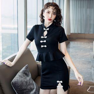 Mock Two-piece Short-sleeve Mini Peplum Qipao Dress