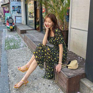 Square-neck Floral Chiffon Long Dress