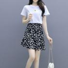 Set: Short-sleeve Floral T-shirt + Mini A-line Skirt