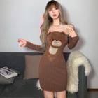 Long-sleeve Off-shoulder Bear Mini Sheath Dress