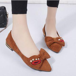 Faux Pearl Embroidered Lips Bow Faux Leather Flats