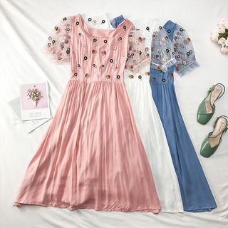 Mesh-sleeved Embroidered A-line Dress