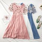 Mesh-sleeved Embroidered A-line Dress