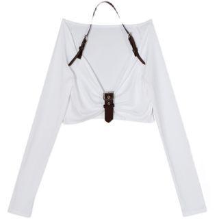 Cold-shoulder Cropped T-shirt Black Buckled - White - One Size